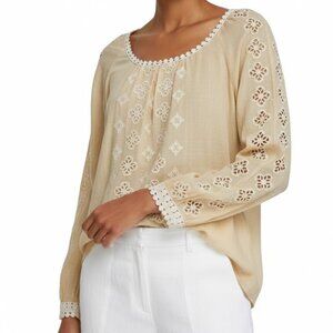 Tory Burch Yellow Embroidered Silk Cotton Peasant Blouse Size 6 Boho Coastal